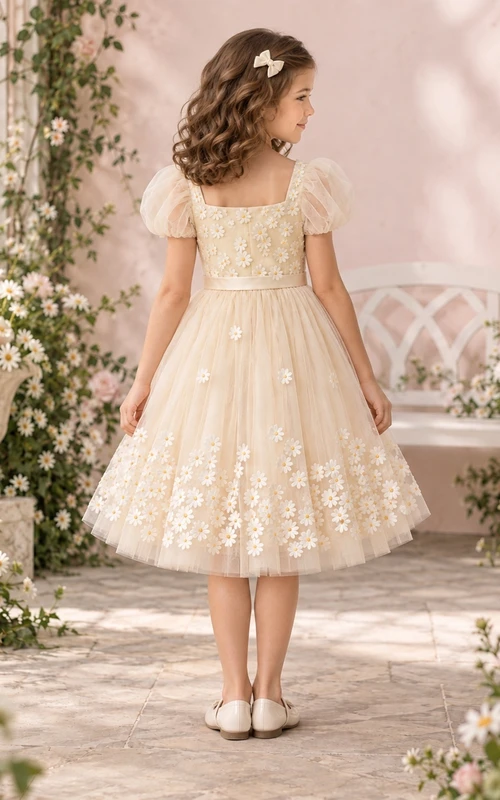 Square Neck Short Champagne Puff Sleeve Daisy Border Tulle Flower Girl Dress