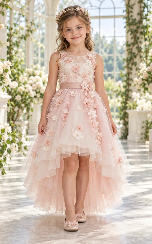 High-low Blushing Pink Illusion Neck Floral Tulle Flower Girl Dress
