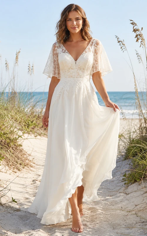 Robe de mariée de plage légère en mousseline de soie, col en V, manches papillon et dentelle, coupe trapèze, ornée de dentelle.