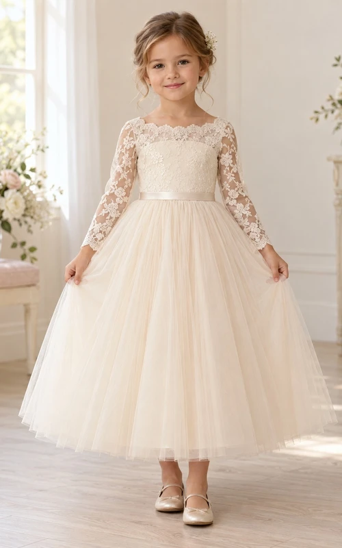 Long Sleeve Champagne Scalloped Floral Lace A-Line Tea-length Tulle Satin Bow Flowergirl Dress