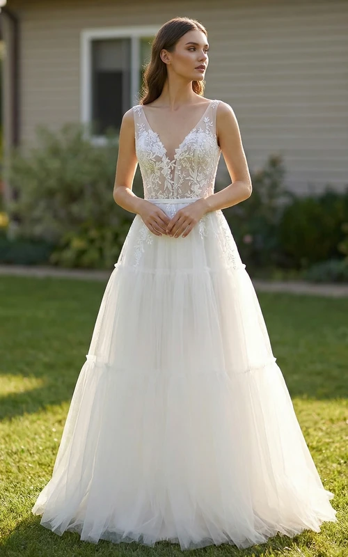 Robe de mariée sans manches en dentelle et tulle