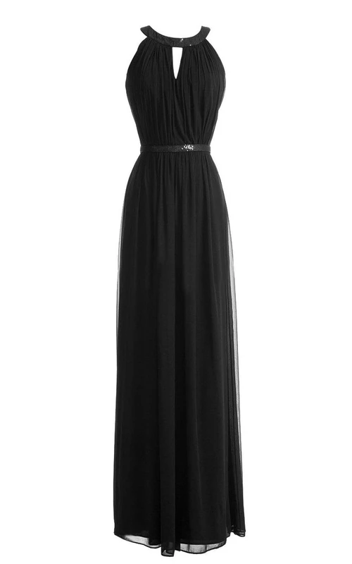 Vestido largo de gasa de cuello alto con cintura de lentejuelas