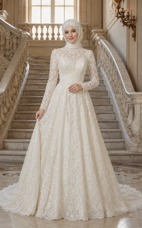 Vintage muslimisches Brautkleid mit langen Ärmeln, Spitze, hohem Kragen und A-Linie
