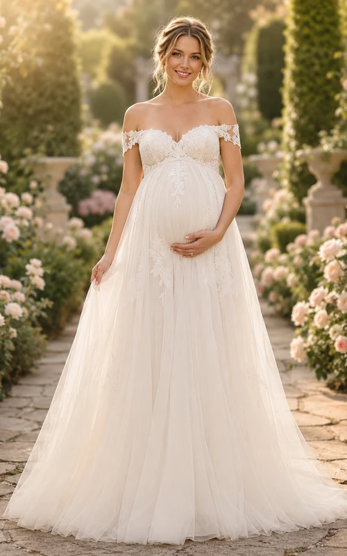 Vestido de novia premamá, vestido de baile de tul con hombros descubiertos, corpiño de encaje y cola suave.