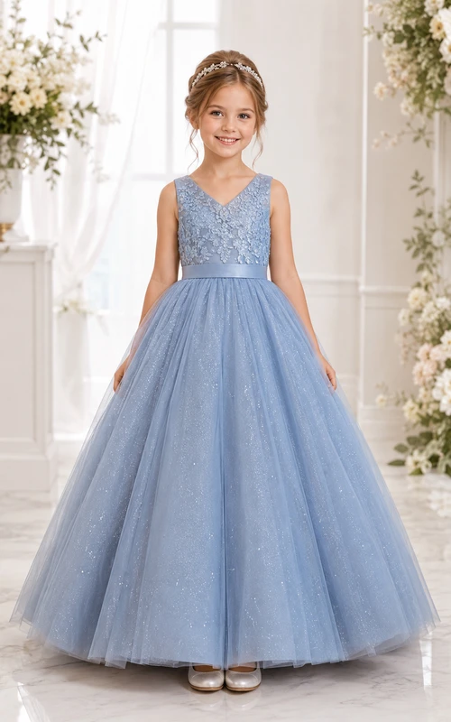 Stahlblaues Ballkleid aus Spitze, Blumenmädchenkleid mit Schleife