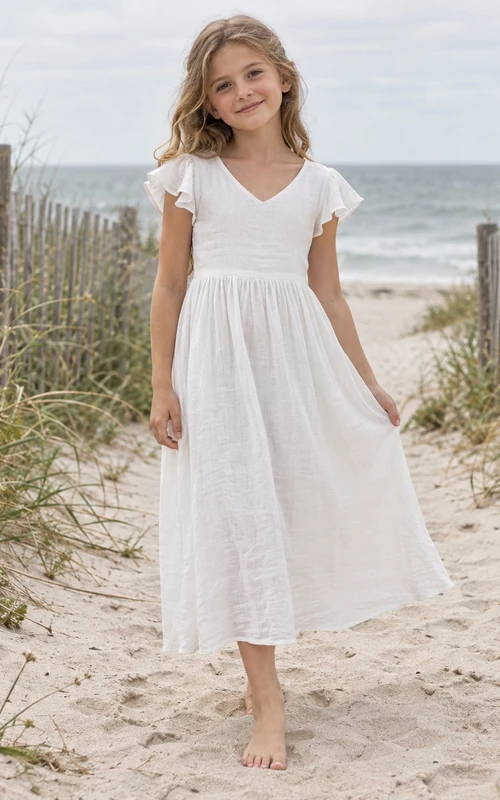 Simple Tea-length White Beach V-neck Flutter Sleeve Linen Flower Girl Dress
