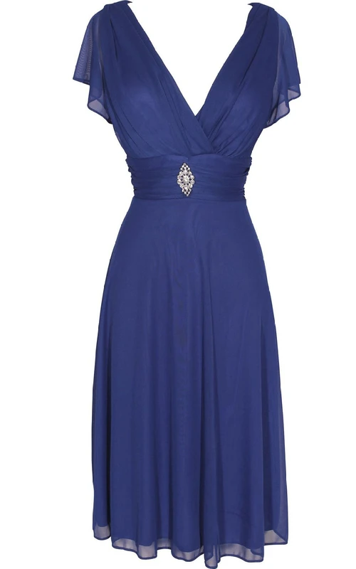 Kurzarm-Chiffonkleid mit V-Ausschnitt und Perlenstickerei, knielang