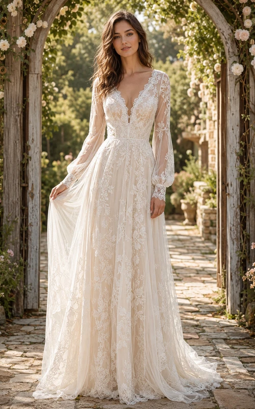 Long Sleeve Lace Boho Vintage Open Back Wedding Dress