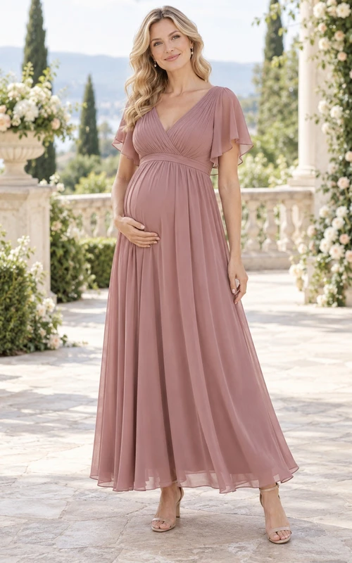 Maternity Simple Dusty Rose Empire Flutter Sleeve V-neck Pleated Chiffon Ankle-length Guest Dress