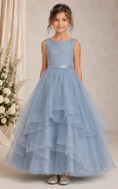 Steel Blue A-Line Lace Flower Girl Dress with Cascading Ruffles