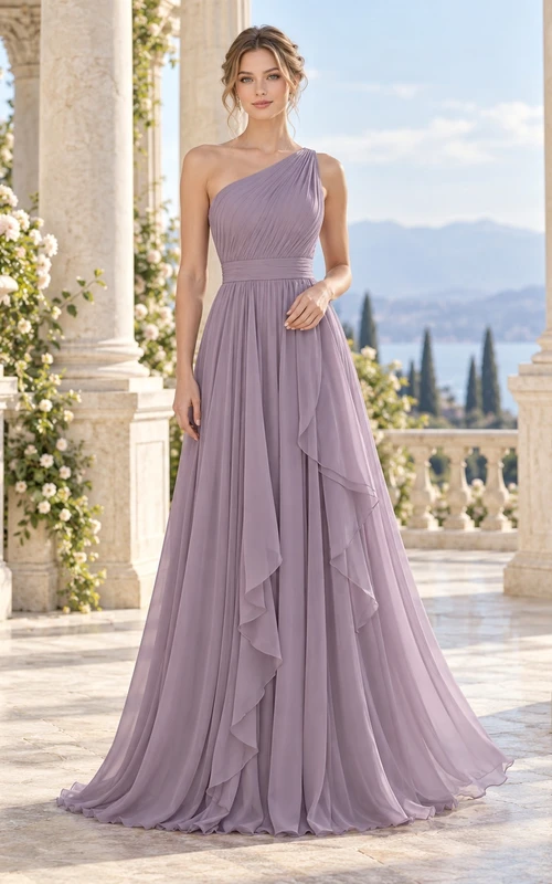 Ethereal Mauve One-Shoulder Ruched Ruffle Chiffon A-Line Long Bridesmaid Dress