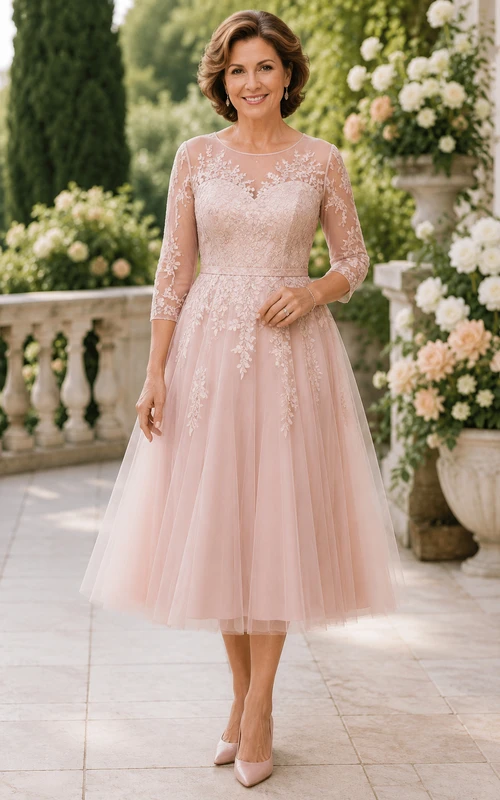 Robe de mère en tulle rose poudré, longueur thé, corsage en dentelle et manches