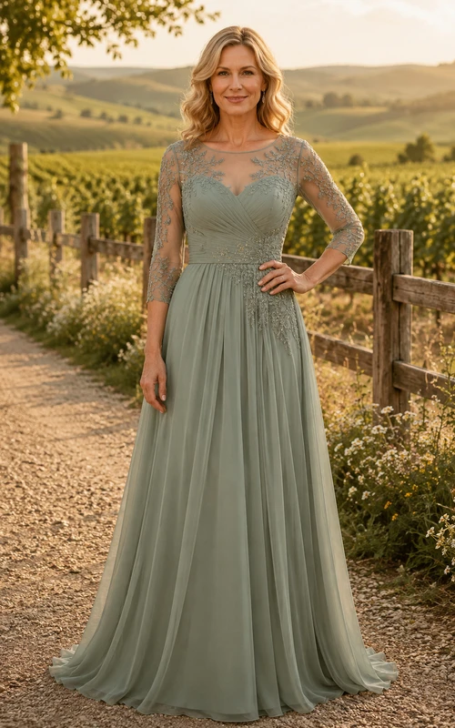 Salbeigrünes A-Linien-Kleid aus Chiffon mit Bateau-Ausschnitt und langen Ärmeln