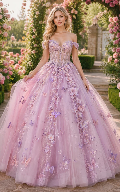 Vestido de princesa de quinceañera con estampado floral y hombros descubiertos, color lila rubor, con jardín de mariposas y estampado de mariposas.