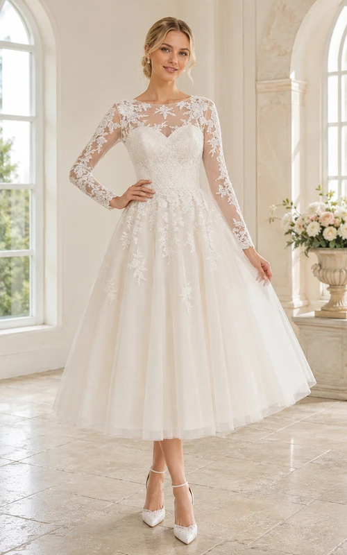 Vestido de novia modesto de encaje con mangas largas ilusión y escote barco, estilo vintage, largo hasta la rodilla.