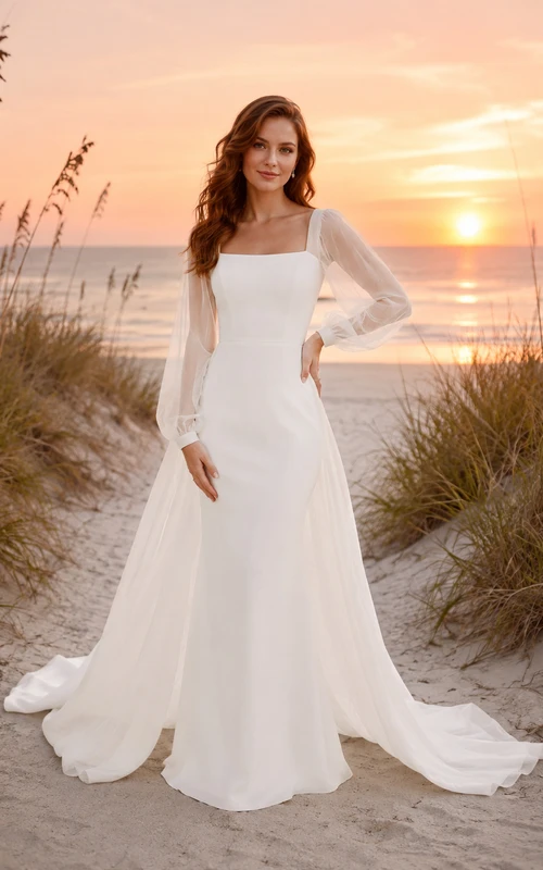 Fall Beach Square Neck Lightweight Sleeve Wedding Dress
