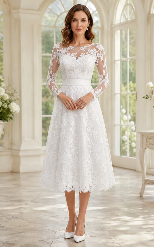 Lässiges, schlichtes Brautkleid mit Spitze, Schmucksteinen, langen Ärmeln, herzförmigem Ausschnitt, A-Linie und Teelänge