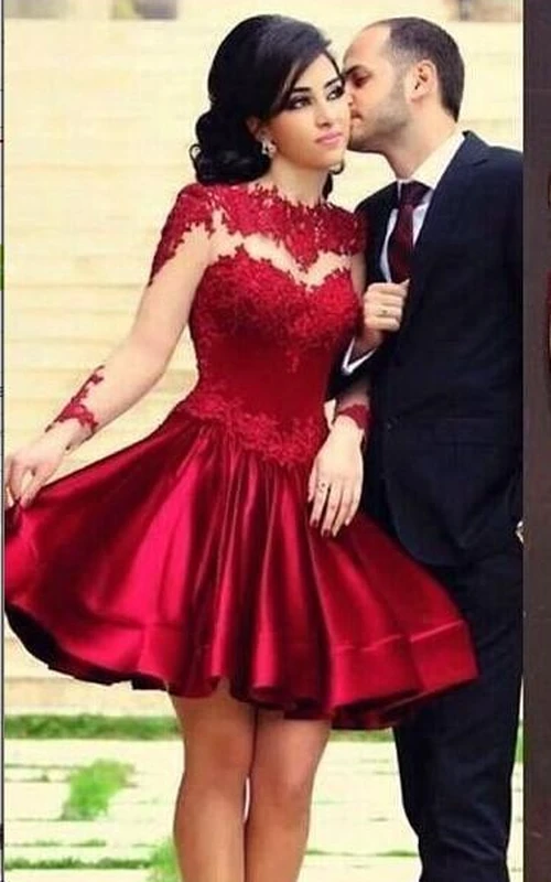 Nouvelles robes de bal en satin et dentelle longueur genou, manches longues, col montant, transparentes