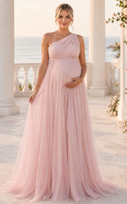 Blushing Pink Square Neck Sleeveless Empire Chiffon Maternity Gown