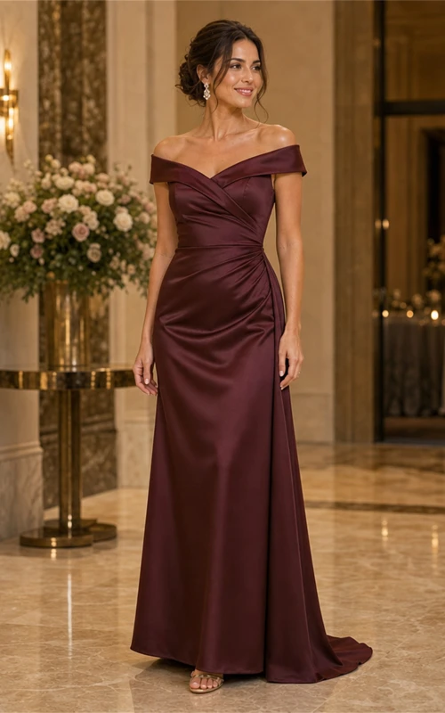 Robe de soirée fourreau en satin bordeaux à épaules dénudées