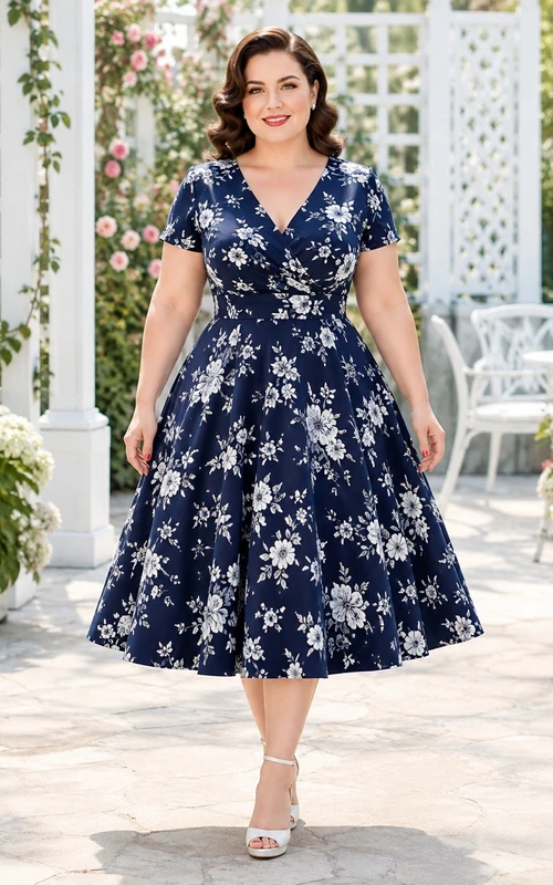 Dark Navy Floral V-Neck Short Sleeve A-Line Tea-Length Vintage Plus-Size Dress