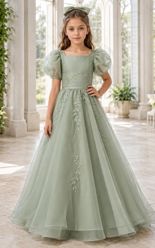Robe de demoiselle d'honneur en dentelle sauge et tulle, coupe trapèze, col rond, longueur au sol
