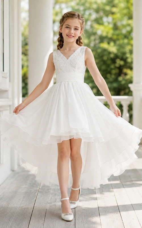White Tulle V-Neck Sleeveless Ruffled High-Low Flowergirl Dress