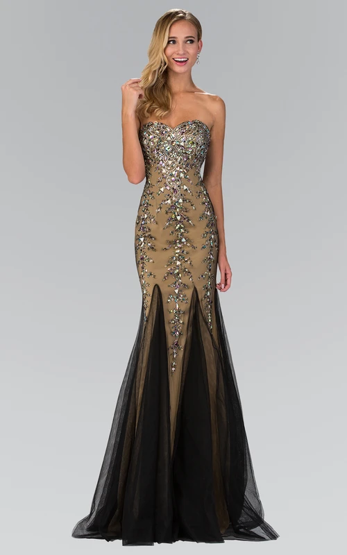 Sheath Maxi Sweetheart Tulle Corset Back Dress With Crystal Detailing And Pleats