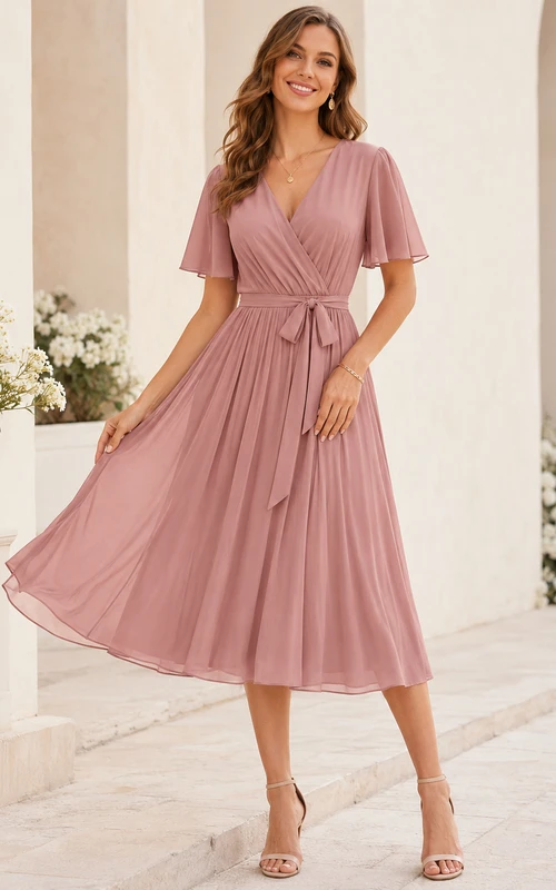 Vestido de invitada de corte A, largo midi, largo midi, con escote en V, mangas cortas, falda de gasa con pétalos plisados, fajín/cinta, color rosa empolvado.
