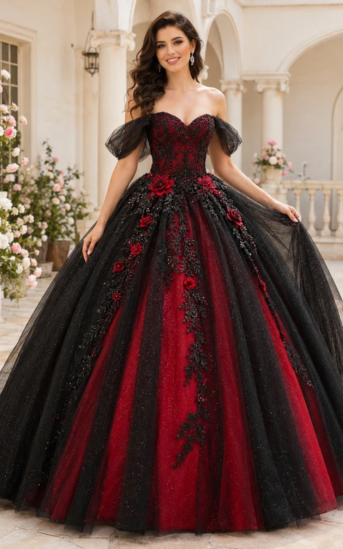 Vestido de princesa de quinceañera bordado, negro y rojo, de lujo, con hombros descubiertos y mangas tipo pétalo.