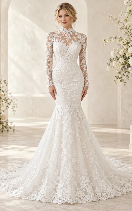 Modest Mermaid High Neck Long Sleeve Floral Lace Wedding Dress