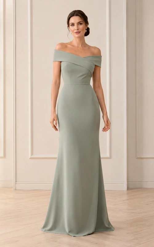 Elegante vestido formal largo hasta el suelo de satén con mangas cortas y hombros descubiertos, color verde salvia.