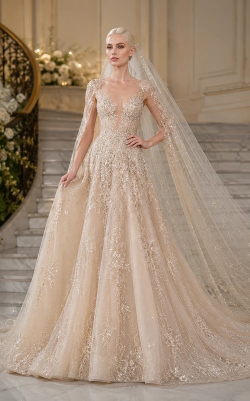 Champagne Long Sleeve Beaded Ball Gown Wedding Dress with Long Train