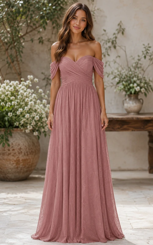 Dusty Rose Off-the-Shoulder Tulle A-Line Bridesmaid Dress