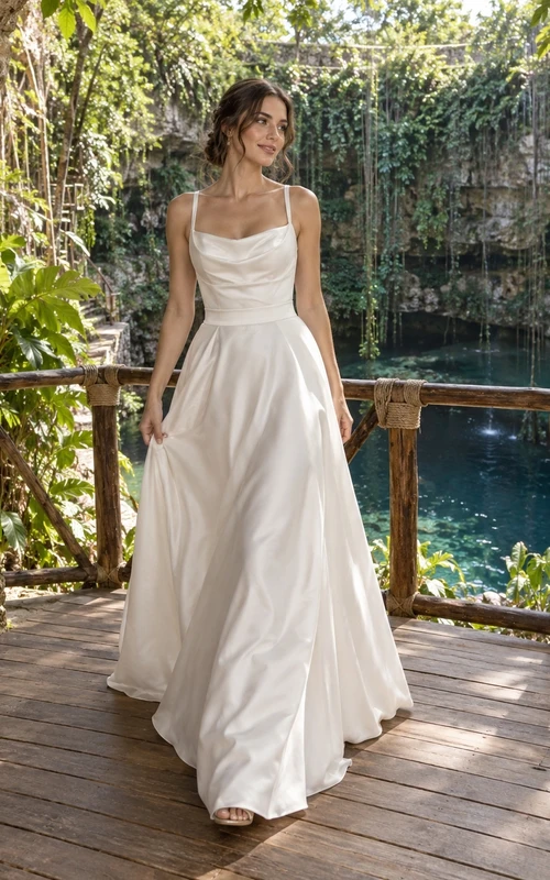 Schlichtes Brautkleid aus Satin mit Wasserfallausschnitt, feinen Trägern und fließendem A-Linien-Rock