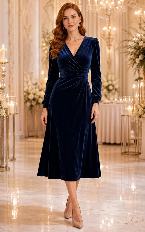 Navy Velvet V Neck Long Sleeve Reception Midi Dress
