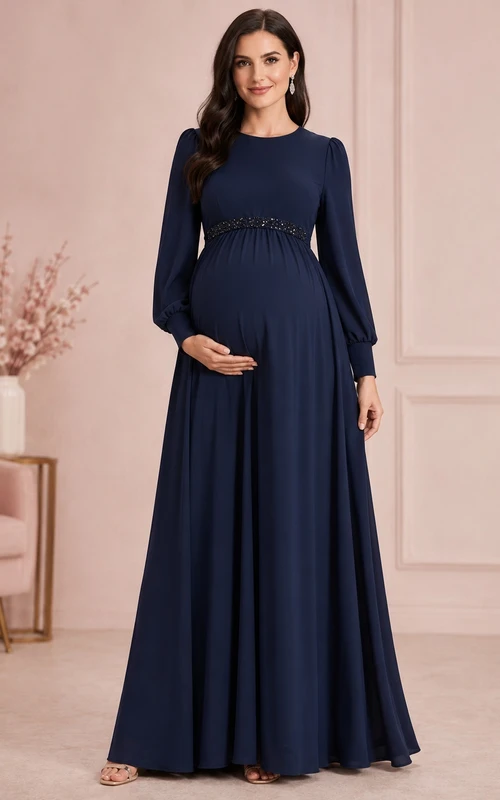 Maternity Long Sleeve Dark Navy Jewel Neck Chiffon Empire A-Line Floor-Length Formal Dress