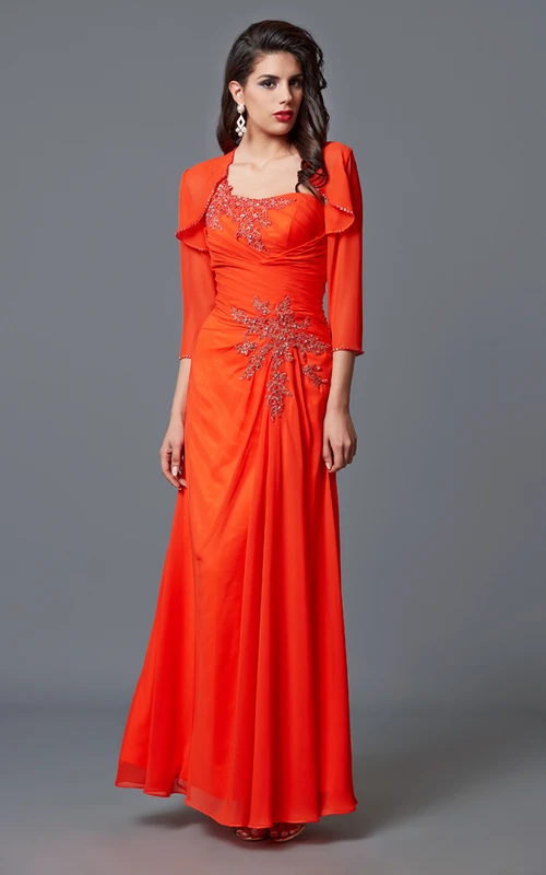 Elegantes, einseitig drapiertes, formelles langes Chiffon- und Spitzenkleid mit passender Chiffonjacke