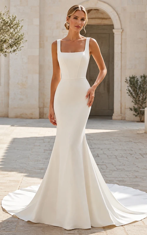 Robe de mariée sirène moderne en satin, col carré, sans manches, dos nu, décolleté en U.