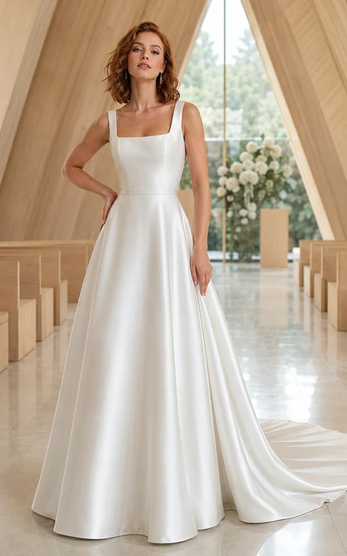 Square Neck Satin Chapel Gown With Long Train