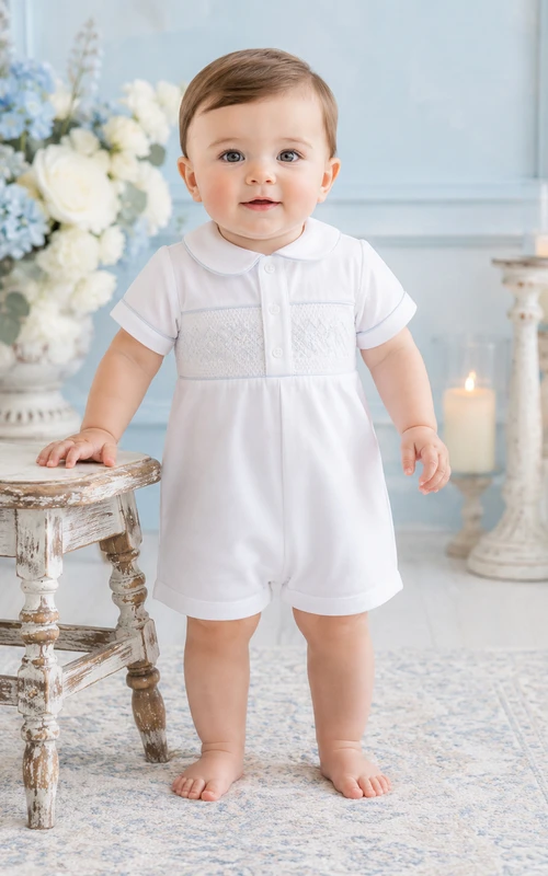 White Pintuck Bib Sailor Collar Short Sleeve Christening Romper for Baby Boy