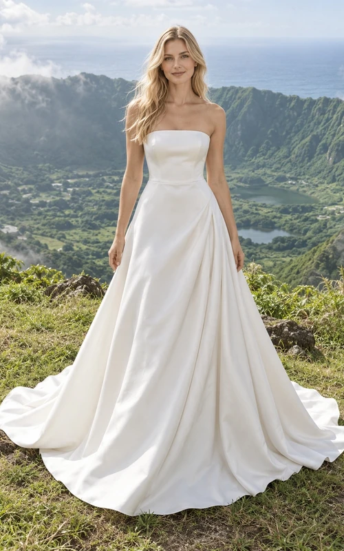 Schlichtes, trägerloses Brautkleid in A-Linie aus drapiertem Satin mit Schleppe