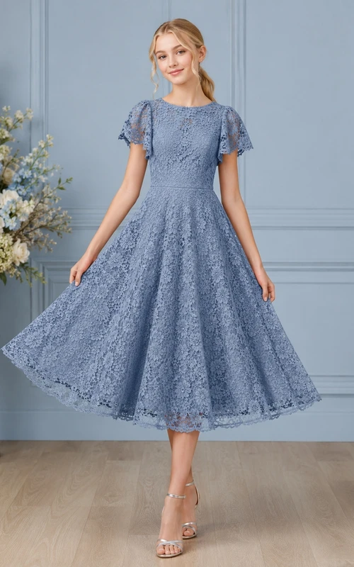 Schieferblaues Brautjungfernkleid im A-Linien-Stil mit eckigen Blütenblattärmeln und Spitze, romantisch
