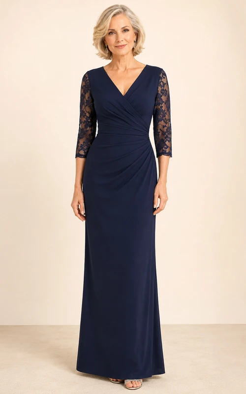Dark Navy Floor-Length Sheath Elegant Mother of the Bride Gown with V-Neck Three-Quarter Lace Sleeves and Diagonal Ruching