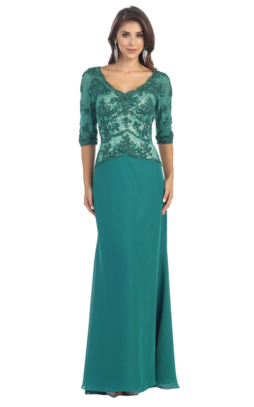 Robe fourreau en jersey dentelle à col V et manches mi-longues, dos nu en V orné d'appliqués