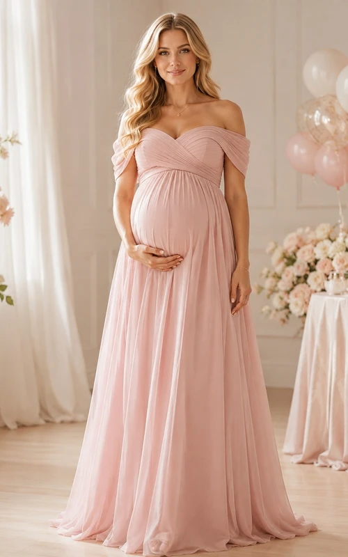 Vestido de maternidad de gasa estilo imperio romántico con hombros descubiertos hasta el suelo para baby shower