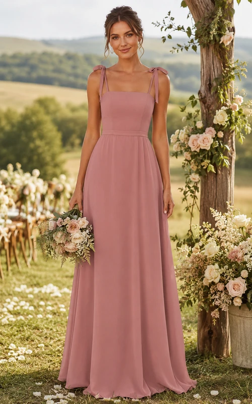 Vestido de gasa de corte A con escote cuadrado y tirantes de lazo en color rosa empolvado