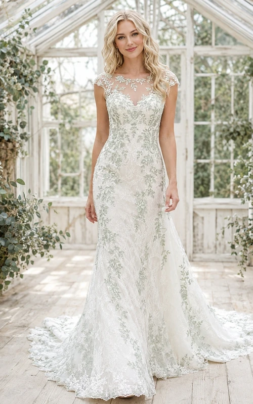 Robe de mariée sirène/trompette à empiècements céladon, sans manches, col en V, traîne chapelle, romantique et élégante