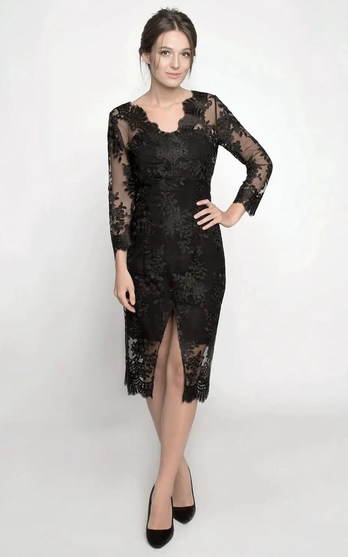 Lässiges, knielanges Cocktailkleid mit 3/4-Ärmeln, Bleistiftform, Spitze, Reißverschluss und Schlitz vorne