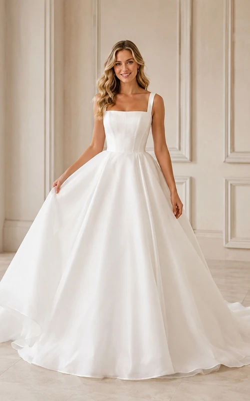 Vestido de novia sencillo de corte A con escote cuadrado y cola de capilla plisada